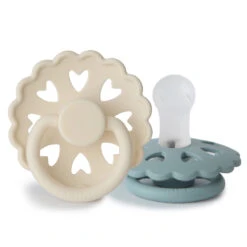 Mushie FRIGG Andersen Fairytale Silicone Pacifier 2-Pack -Megababies USA Andersen twopack Cream StoneBlue 0 6 silicone 1