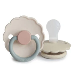 Mushie FRIGG Daisy Silicone Pacifier 2-Pack -Megababies USA Cotton Candy Sandstone Daisy twopack silicone 0 6 1