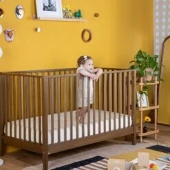 Dadada LaLa 3-in-1 Convertible Crib -Megababies USA Lala Crib Walnut Lifestyle ToddlerGirlStandingInCrib