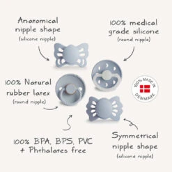 Mushie FRIGG Baby's First Pacifier - 4 Pack -Megababies USA Moonlight Sailing PowderBlue Infographic 1