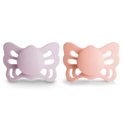 Mushie FRIGG Butterfly Anatomical Silicone Pacifier 2-Pack -Megababies USA SoftLilac PrettyinPeach Butterfly f f silicone 0 6